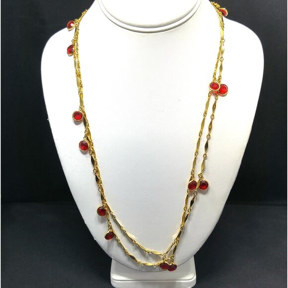 Vintage Red Crystal Dangle Necklace, 50 Inches Length, 1970s - Picture 2 of 10